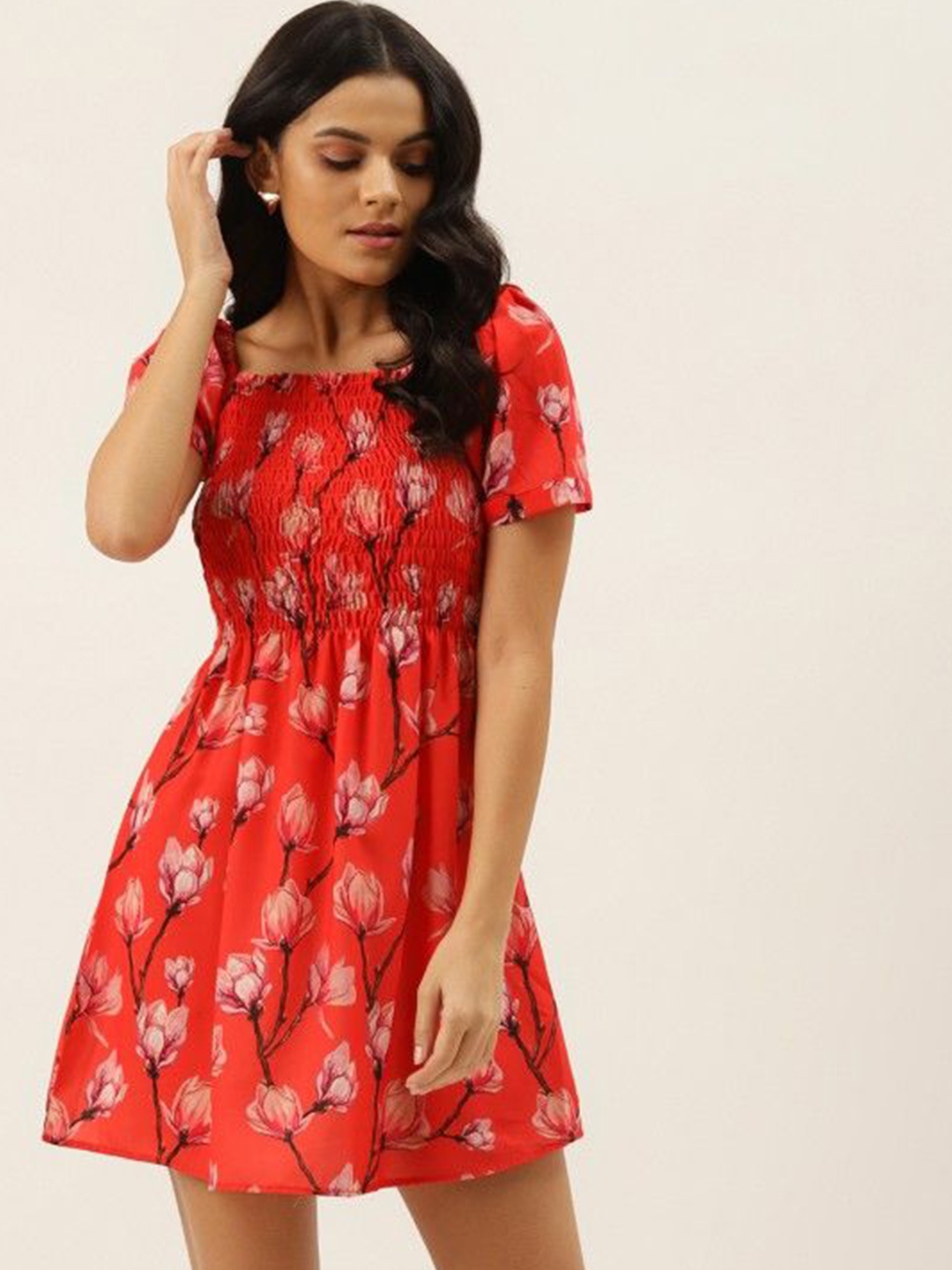 

MELOSO Puff Sleeve Fit & Flare Floral Smocked Dress, Red