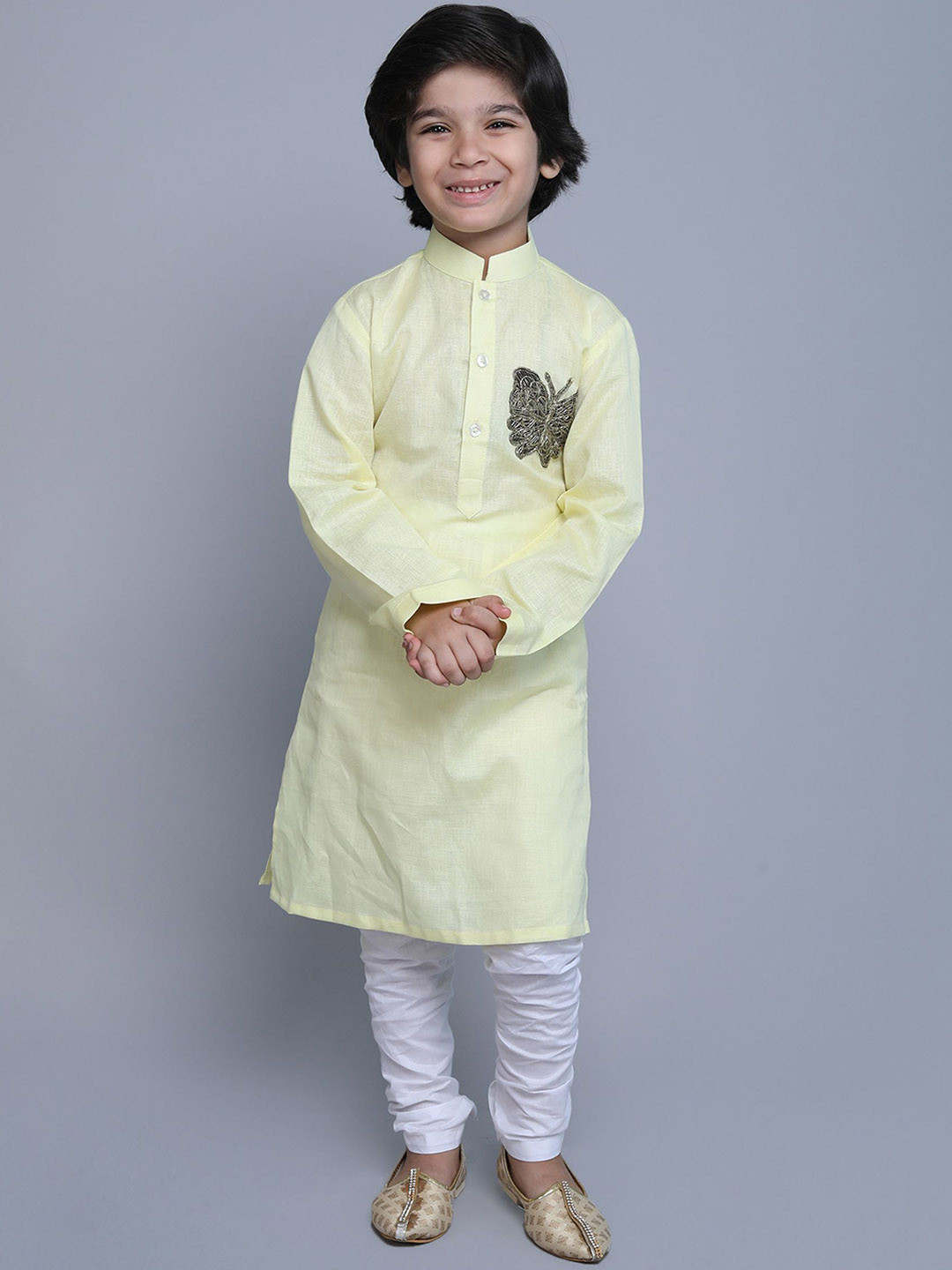 

Little Clothings Boys Embroidered Mandarin Collar Regular Linen Kurta With Churidar, Yellow