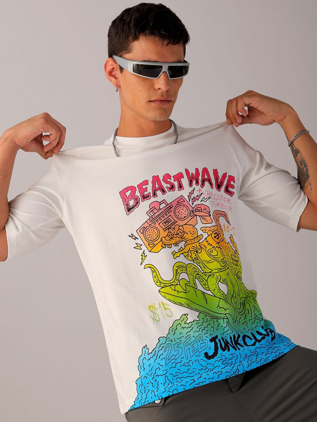

The Indian Garage Co Men Graphic Printed Round Neck Cotton Oversized T-Shirt, White