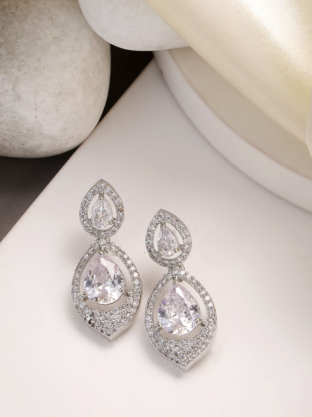 

ZENEME Rhodium-Plated American Diamond Studded Teardrop Shaped Drop Earrings, White