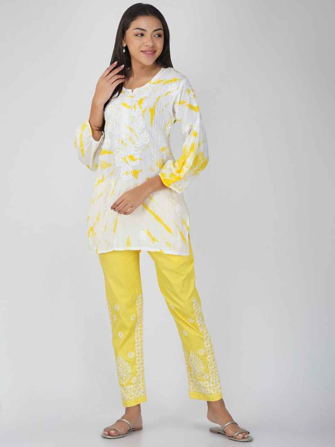 

THE VASILIKI Floral Embroidered Cotton Top With Trousers, Yellow