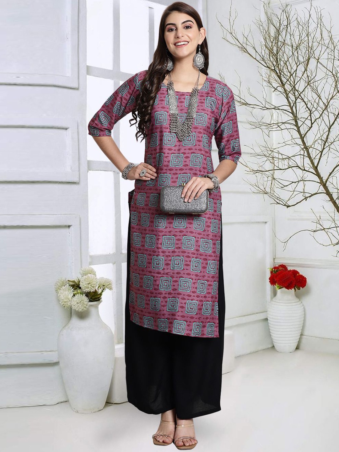 

KALINI Geometric Printed Crepe Straight Kurta, Pink