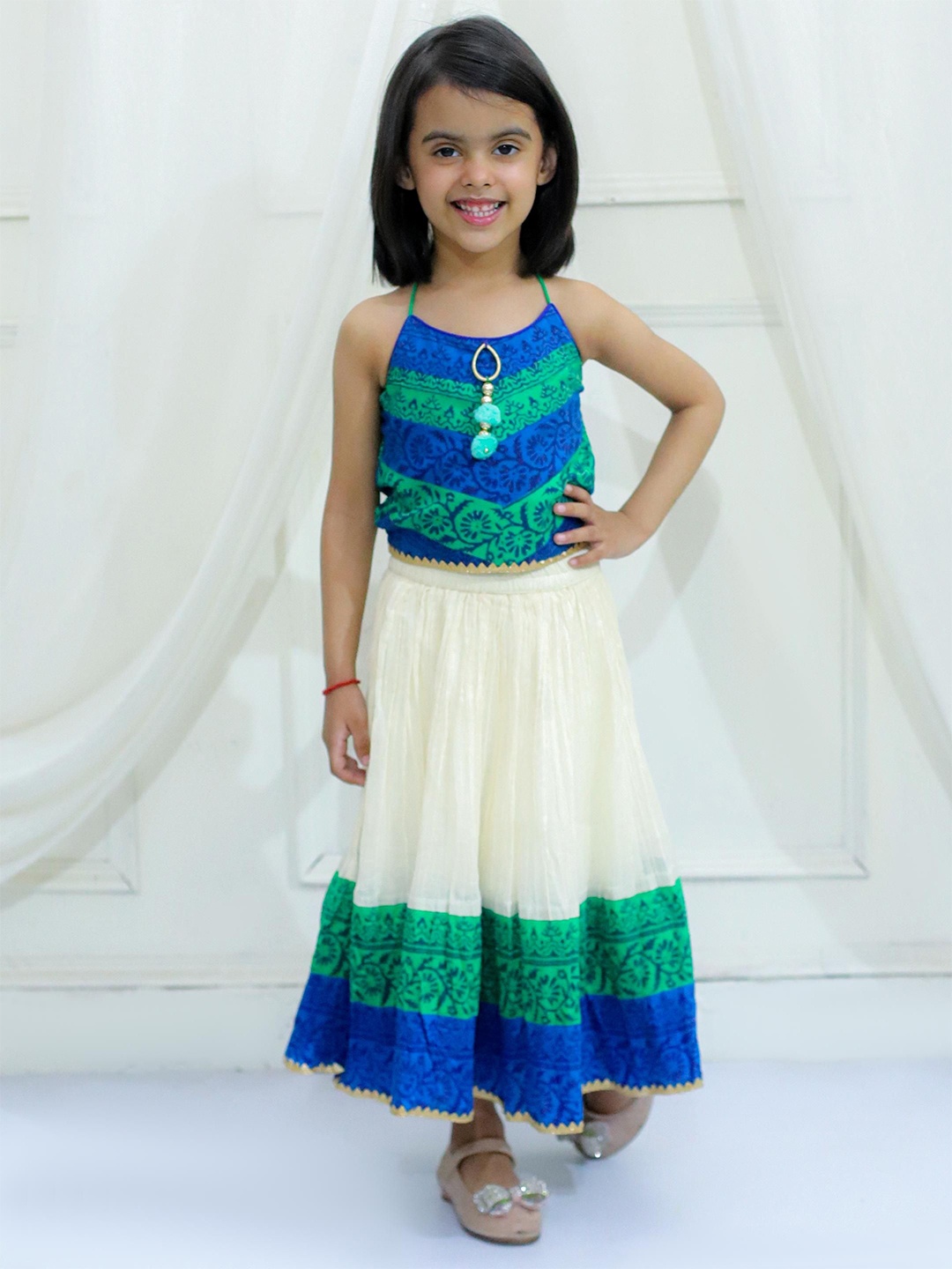 

Twisha Girls Printed Halter Neck Top with Skirt, Blue