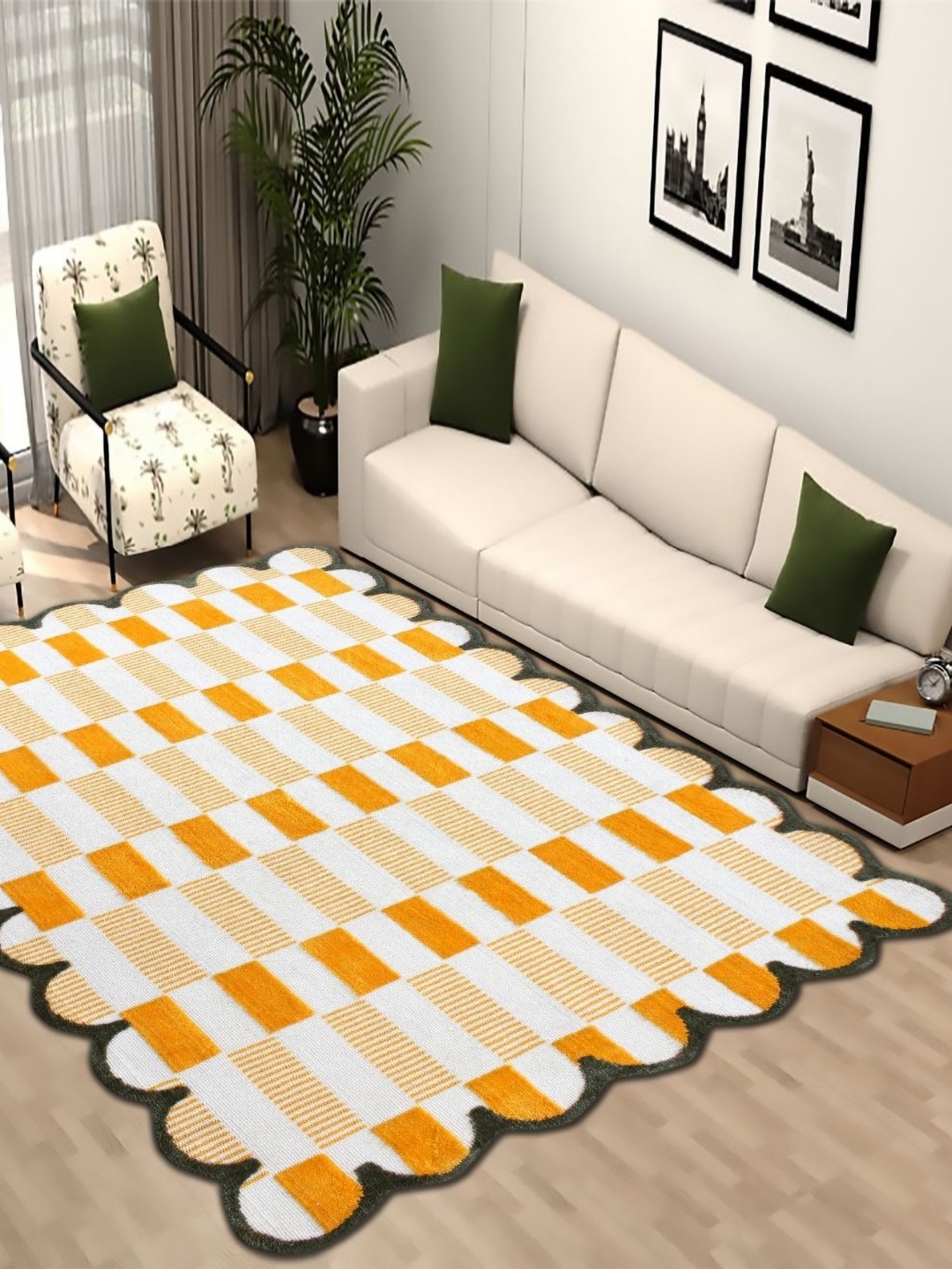 

MULTITEX Yellow and White Geometric Anti-Skid Contemporary Carpet