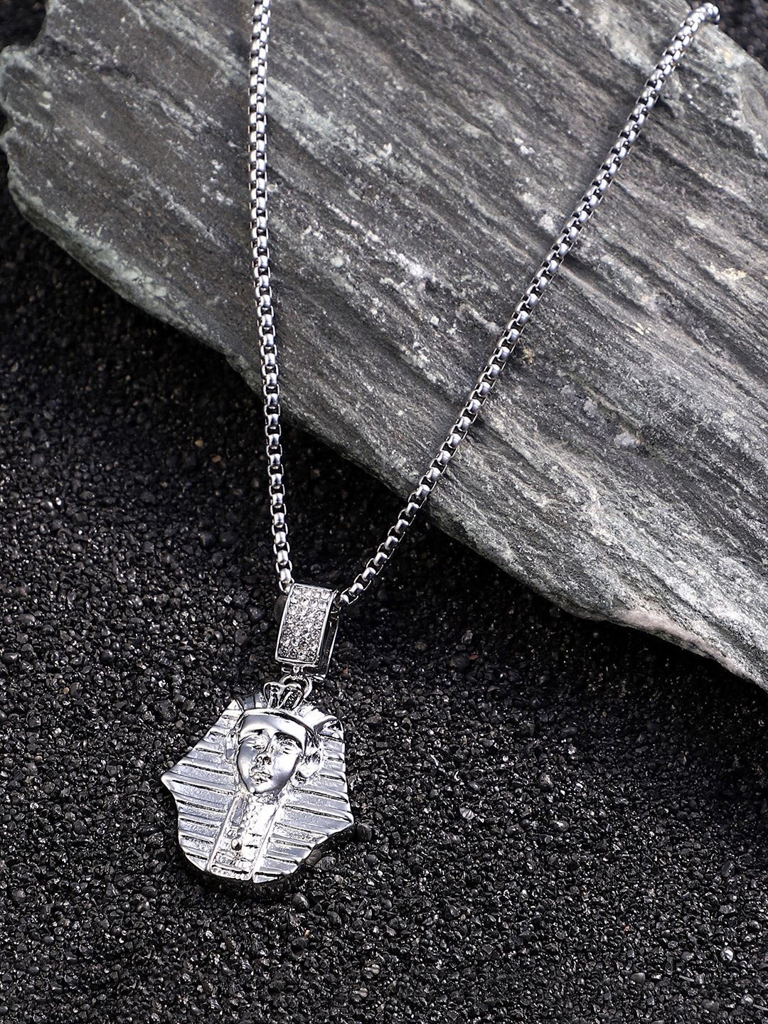 

French Accent Men Silver-Plated Stone-Studded Cleopatra Pendant With Chain