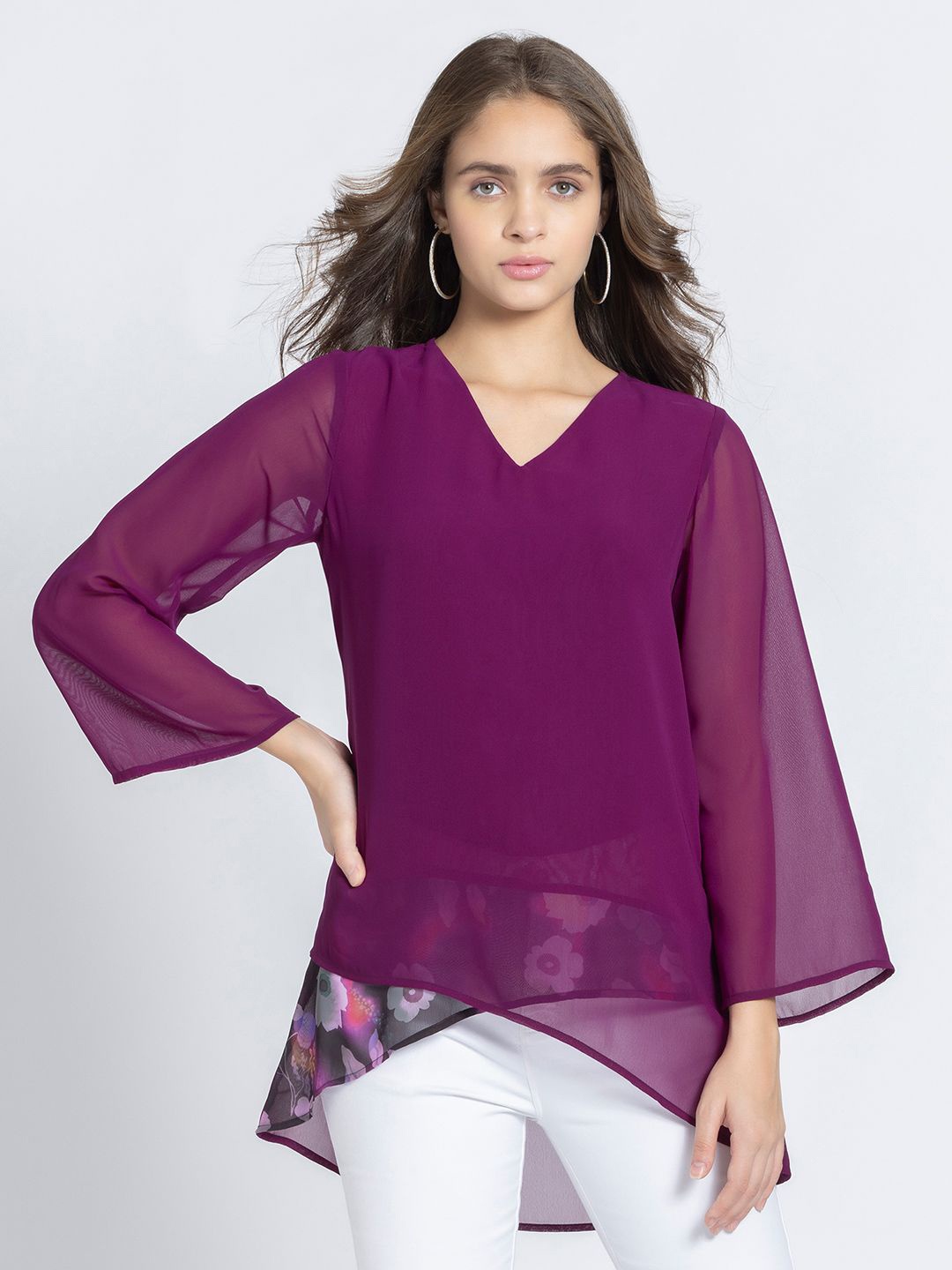 

SHAYE Floral Printed V-Neck Panelled Kurti, Purple