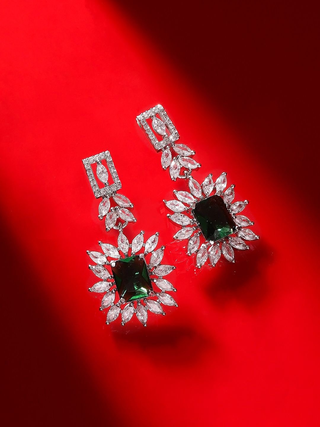 

Priyaasi Silver-Plated American Diamond Studded Floral Brass Drop Earrings