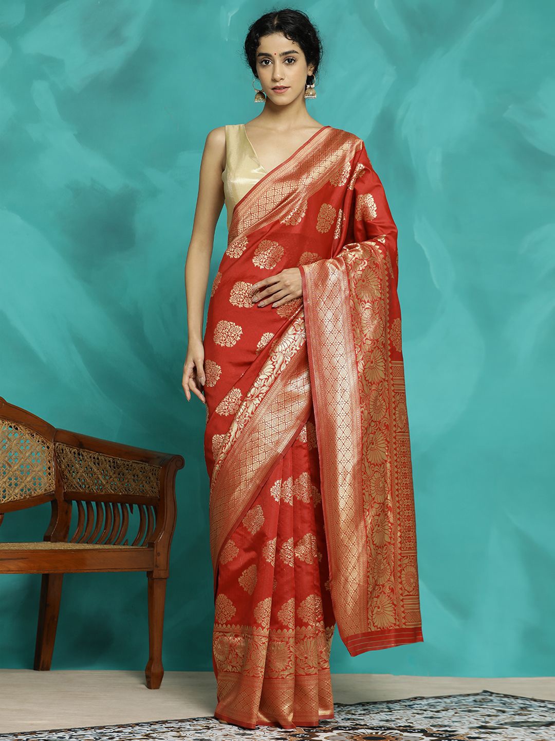 

Jaipur Kurti Zari Woven Banarasi Saree, Red