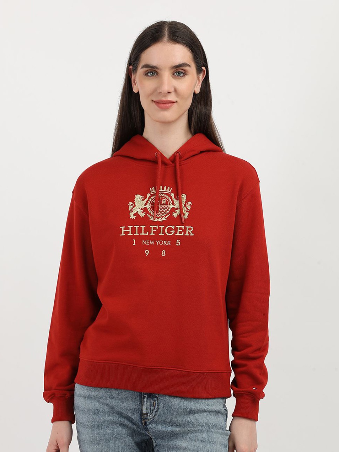 

Tommy Hilfiger Women Embroidered Typography Printed Hooded Sweatshirt, Red