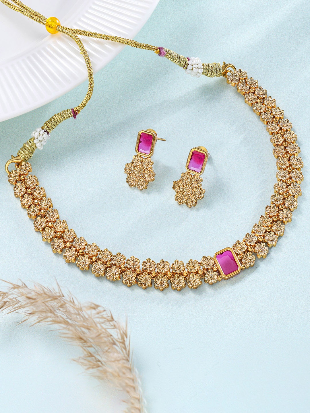 

Vriksham Gold-Plated American Diamond- Studded & Beaded Flower Shape Jewellery Set