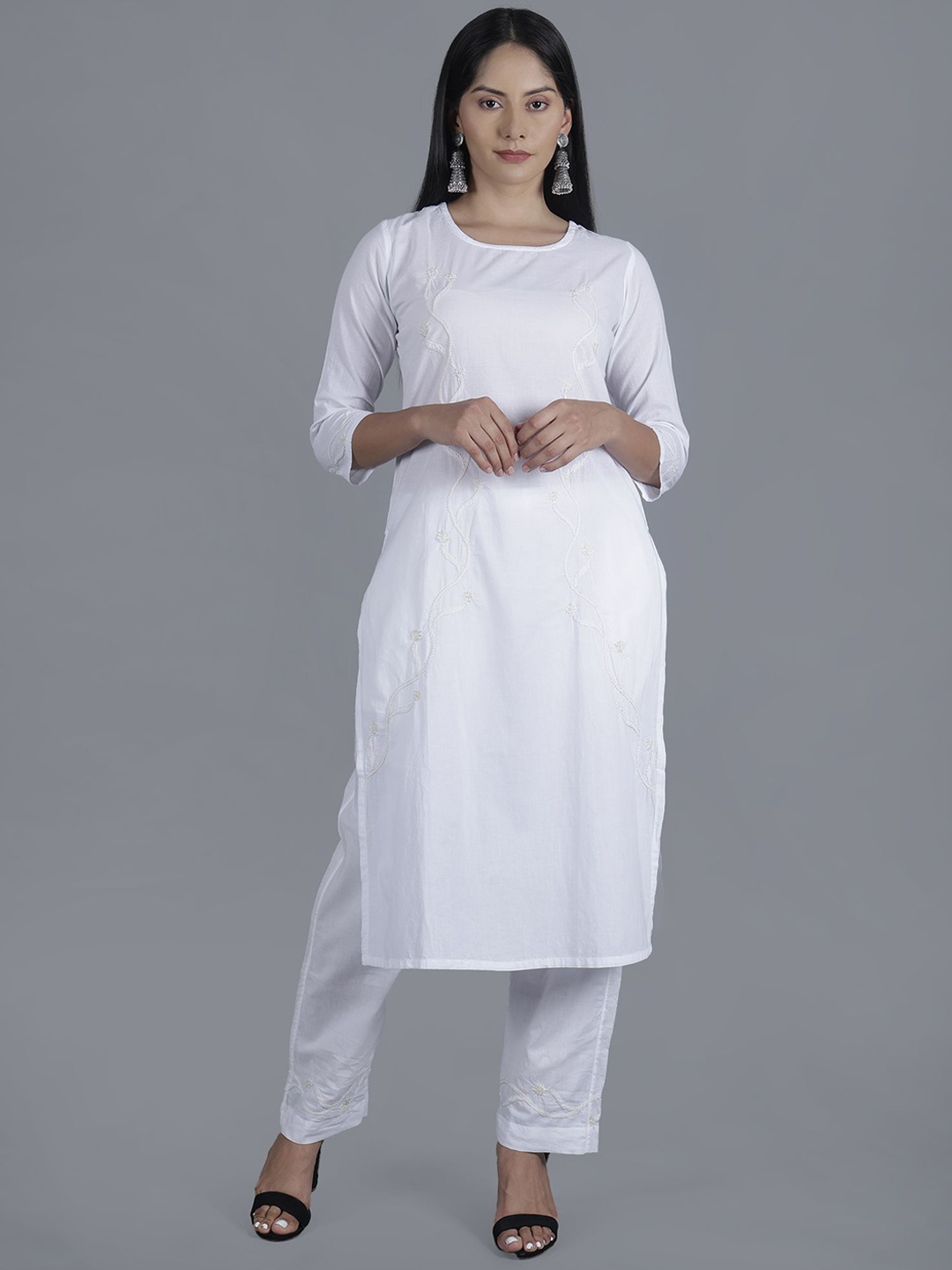 

Rosecloud Floral Embroidered Thread Work Pure Cotton Straight Kurta with Trousers, White