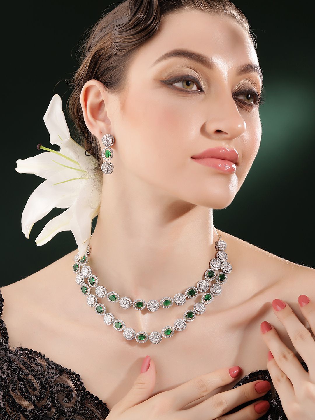 

Priyaasi American Diamond Stone Studded Layered Brass Necklace and Earrings, Silver