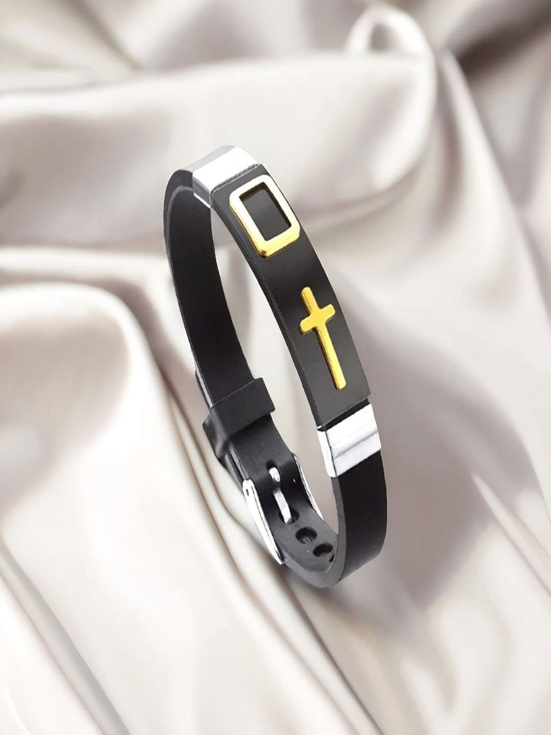 

UNIVERSITY TRENDZ Men Silver Plated Leather Cross Engraved Wraparound Bracelet