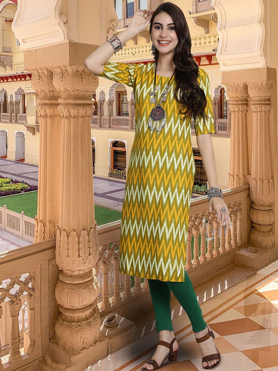 

KALINI Chevron Printed Round Neck Straight Kurta, Yellow