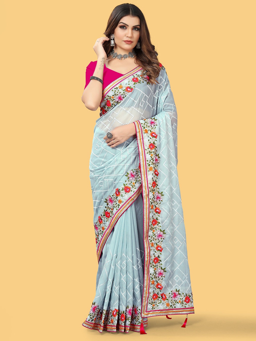 

Munir Embroidered Organza Saree With Blouse Piece, Blue