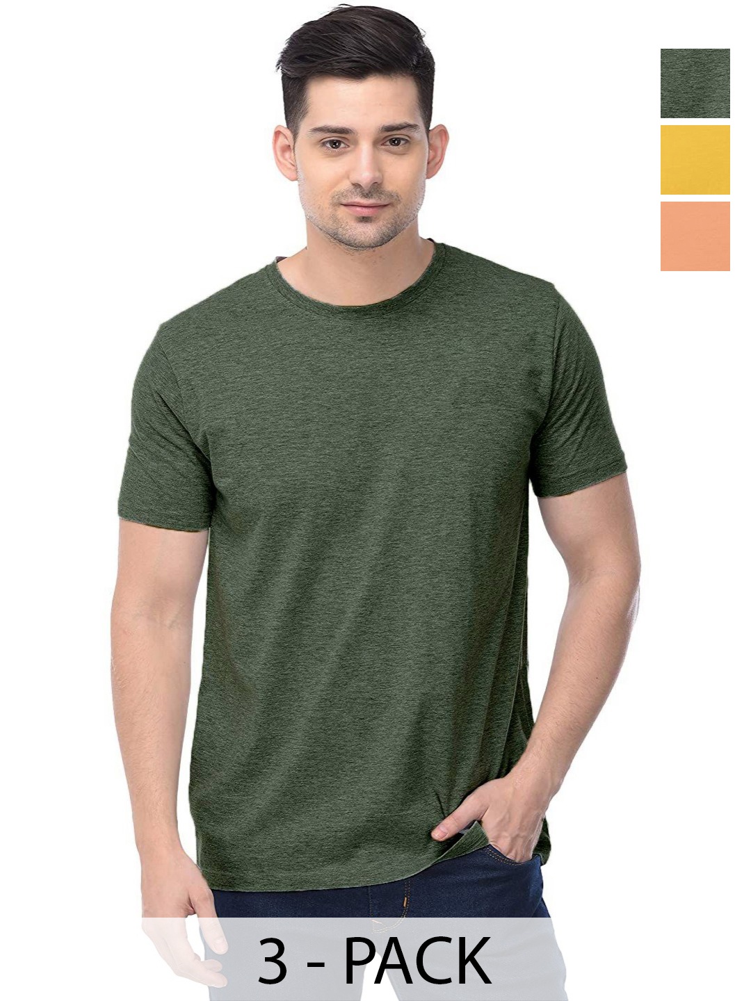 

COLOR CAPITAL Unisex Pack Of 3 Solid Round Neck Cotton T-shirts, Green