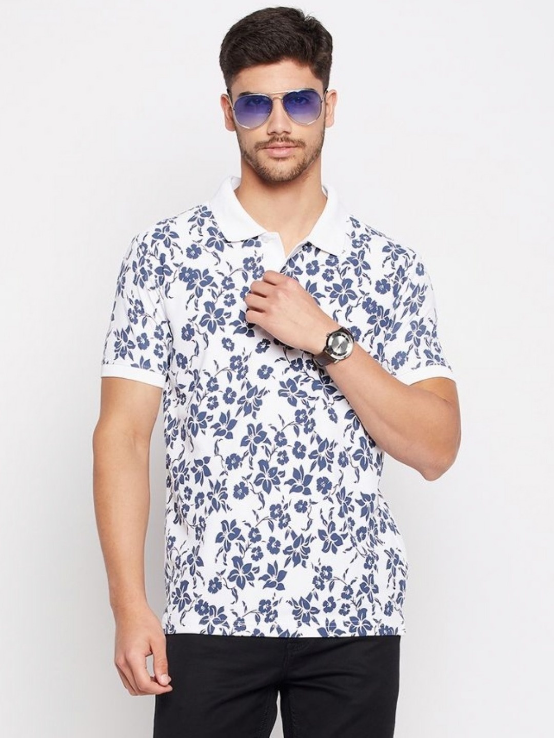 

RISS Men Floral Printed Polo Collar Cotton T-shirt, White
