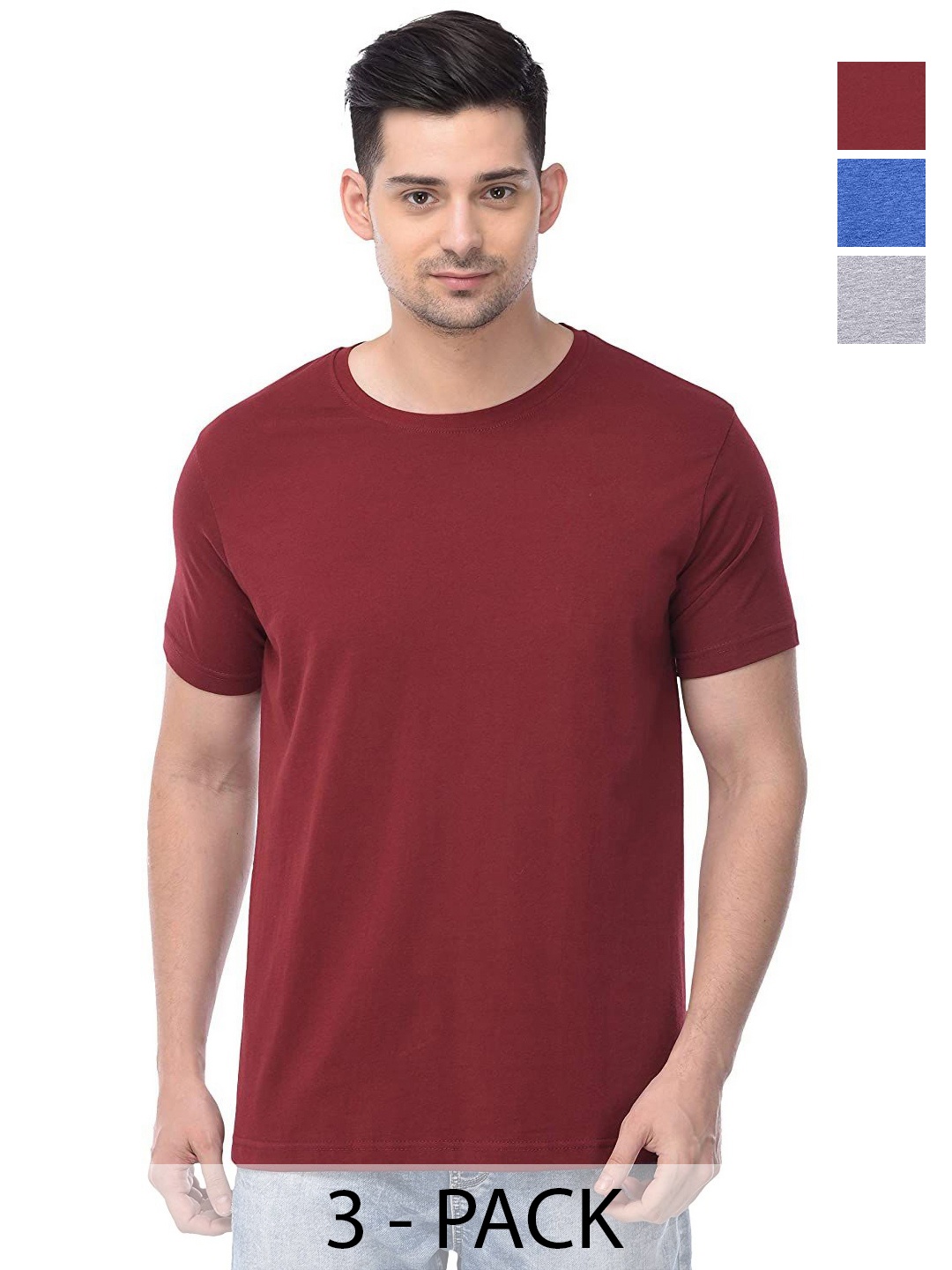 

COLOR CAPITAL Unisex Pack Of 3 Solid Round Neck Cotton T-shirts, Maroon