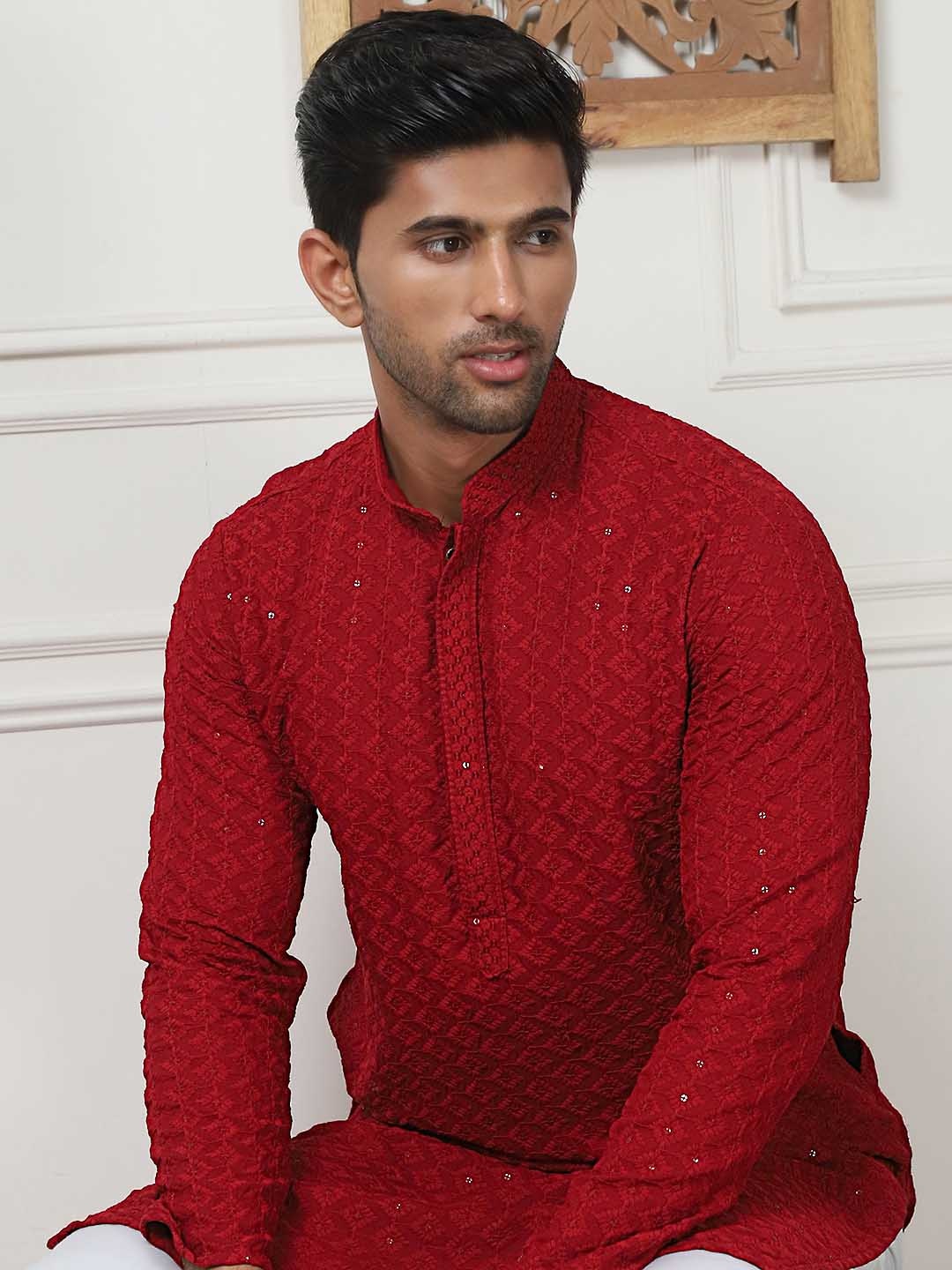 

Anouk Maroon & White Ethnic Motif Embroidered Band Collar Sequinned Kurta With Pyjamas