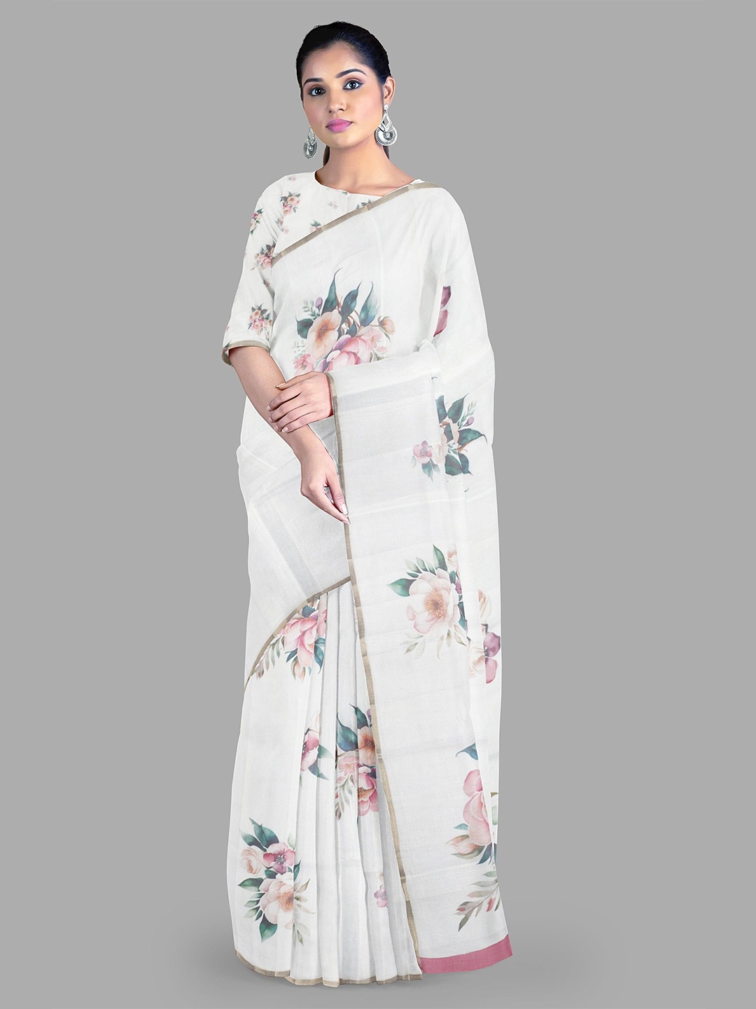 

The Chennai Silks Floral Chanderi Saree, Off white