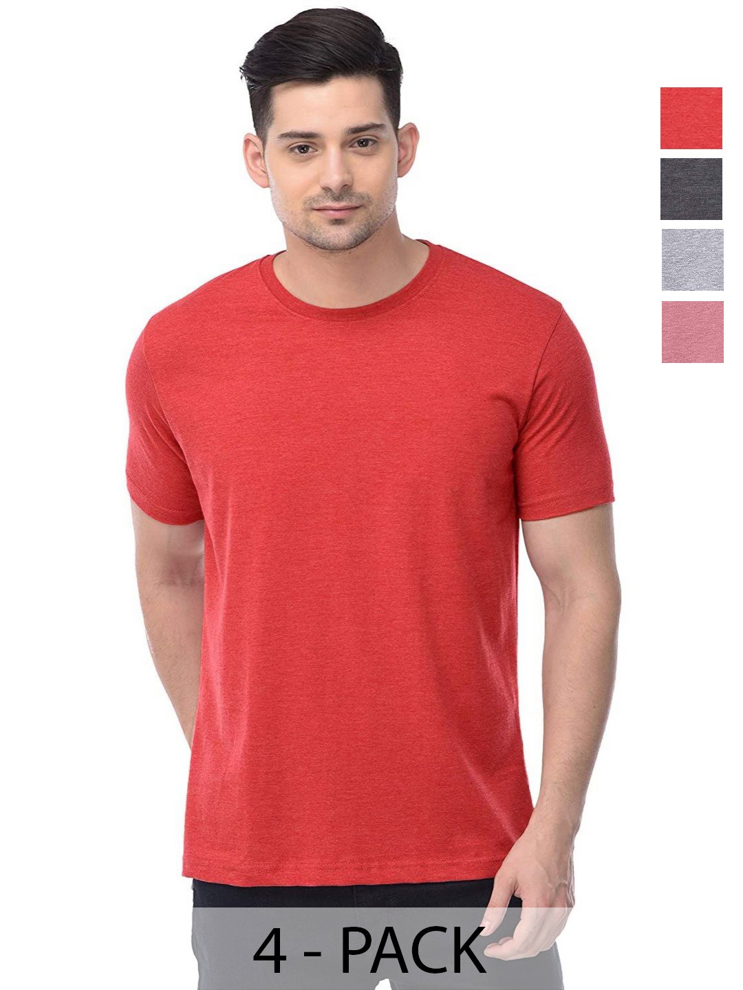 

COLOR CAPITAL Unisex Pack Of 4 Solid Round Neck Cotton T-shirts, Red