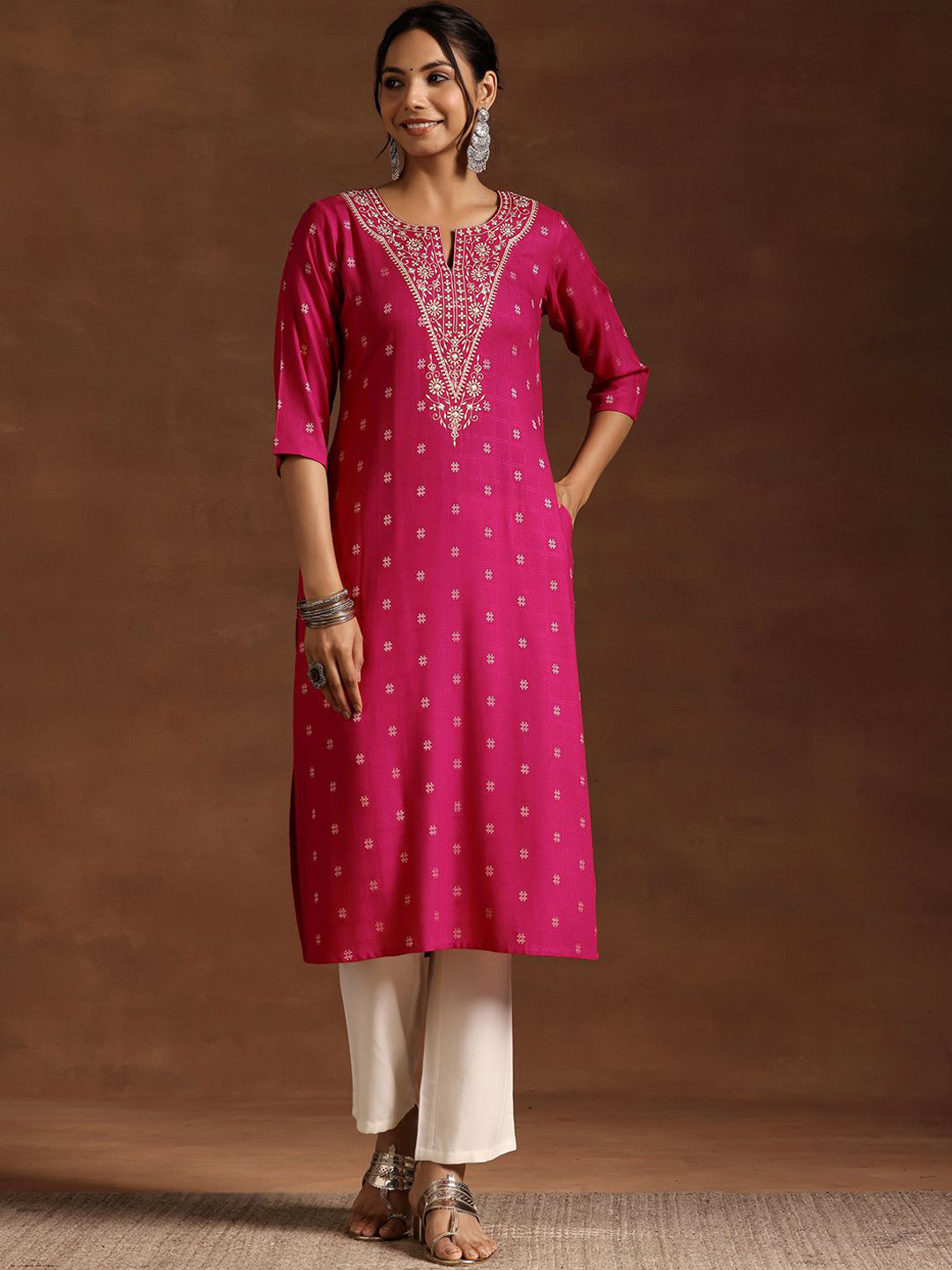 

Libas Floral Woven Design Zari Work Jacquard Straight Kurta, Pink