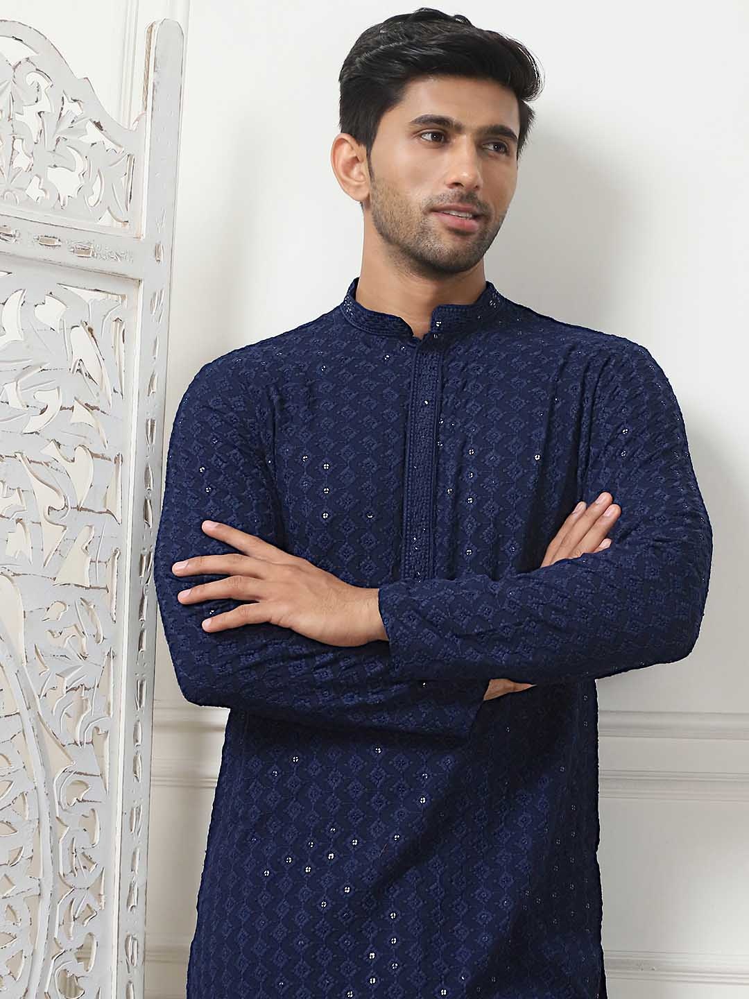 

Anouk Navy Blue & White Ethnic Motif Embroidered Band Collar Sequinned Kurta With Pyjamas