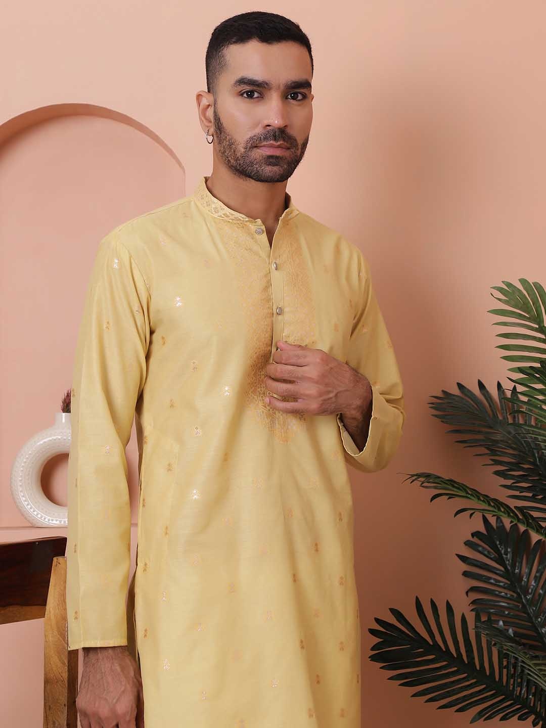 

Jompers Printed Mandarin Collar Long Sleeves Kurta with Pyjamas, Yellow