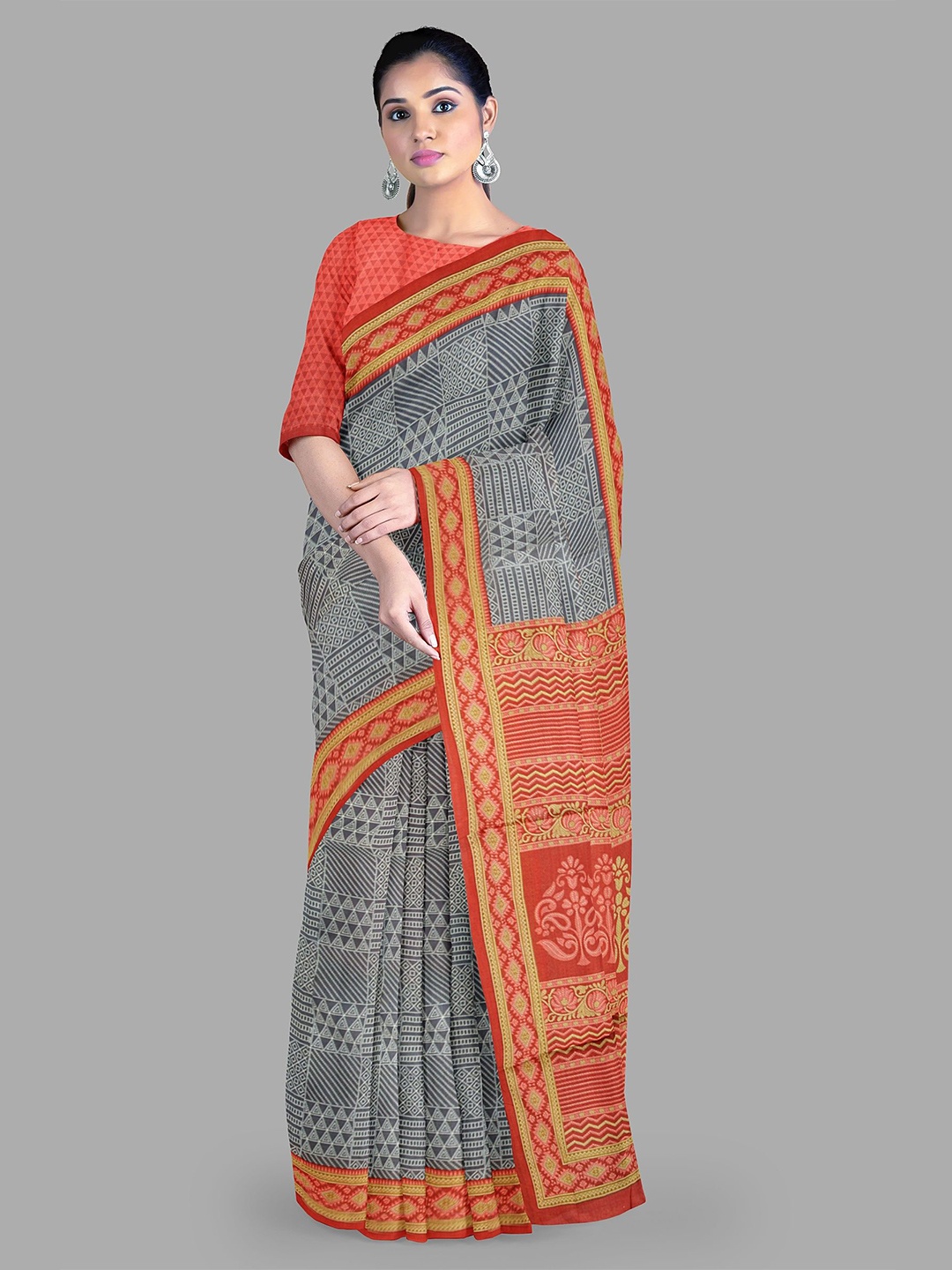 

The Chennai Silks Pure Cotton Geometric Printed Muga Saree, Grey