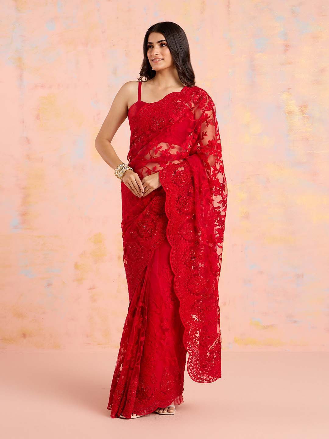 

Likha Embellished Beads and Stones Net Saree, Red