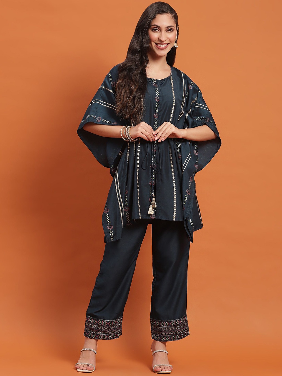 

Shree Ethnic Motifs Printed Kaftan Top With Trousers, Blue