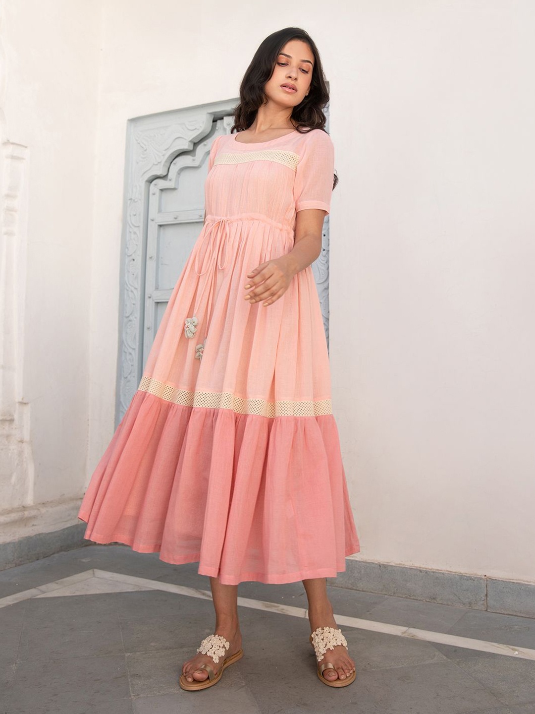 

The Yellow Bow Cotton Fit & Flare Midi Dress, Peach