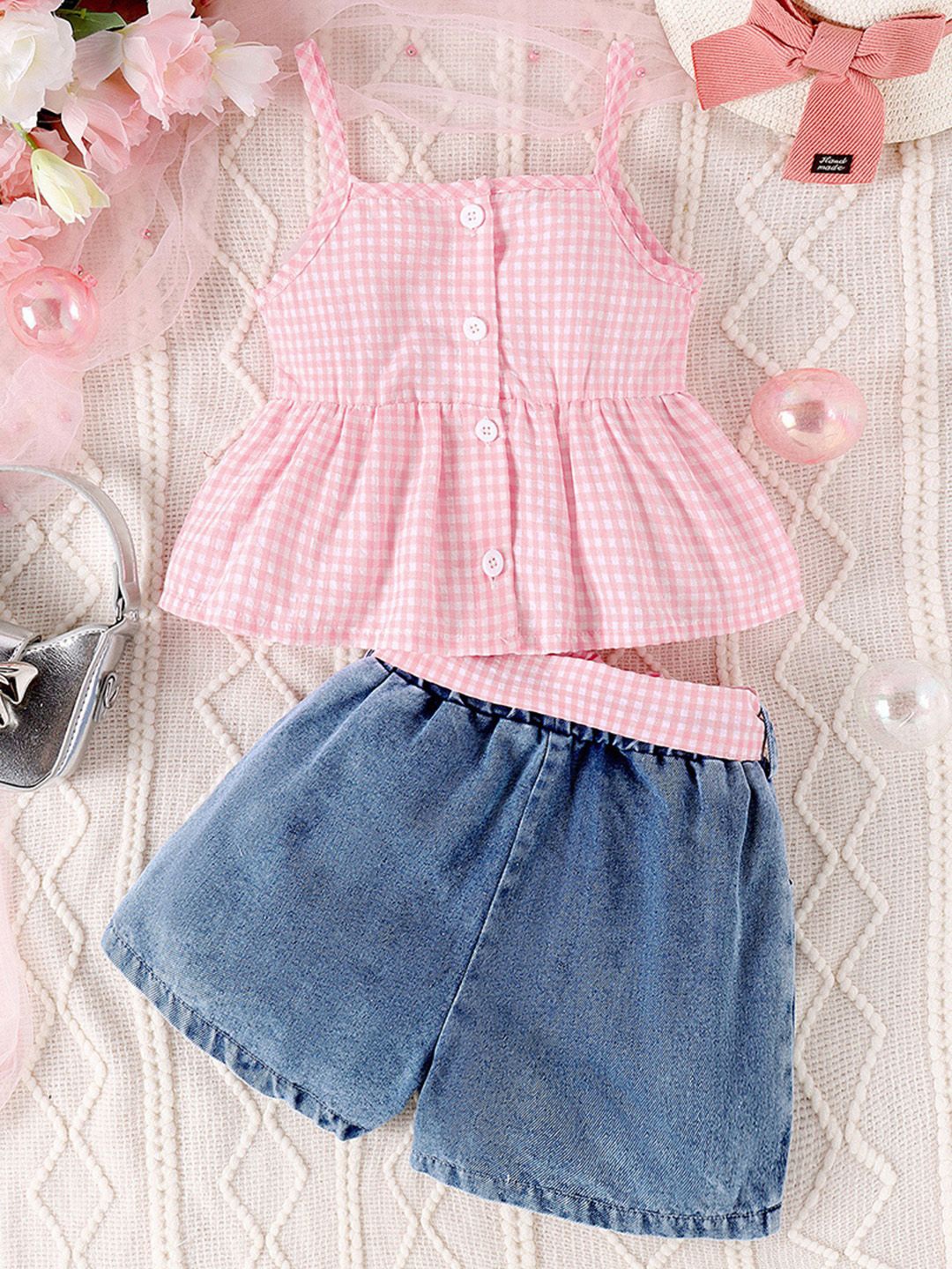 

INCLUD Girls Checked Shoulder Straps Top with Shorts, Pink