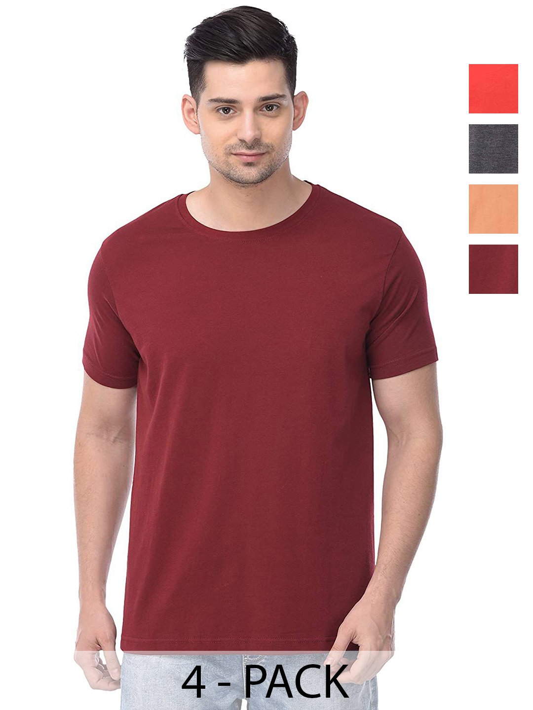 

COLOR CAPITAL Unisex Pack Of 4 Solid Round Neck Cotton T-shirts, Maroon