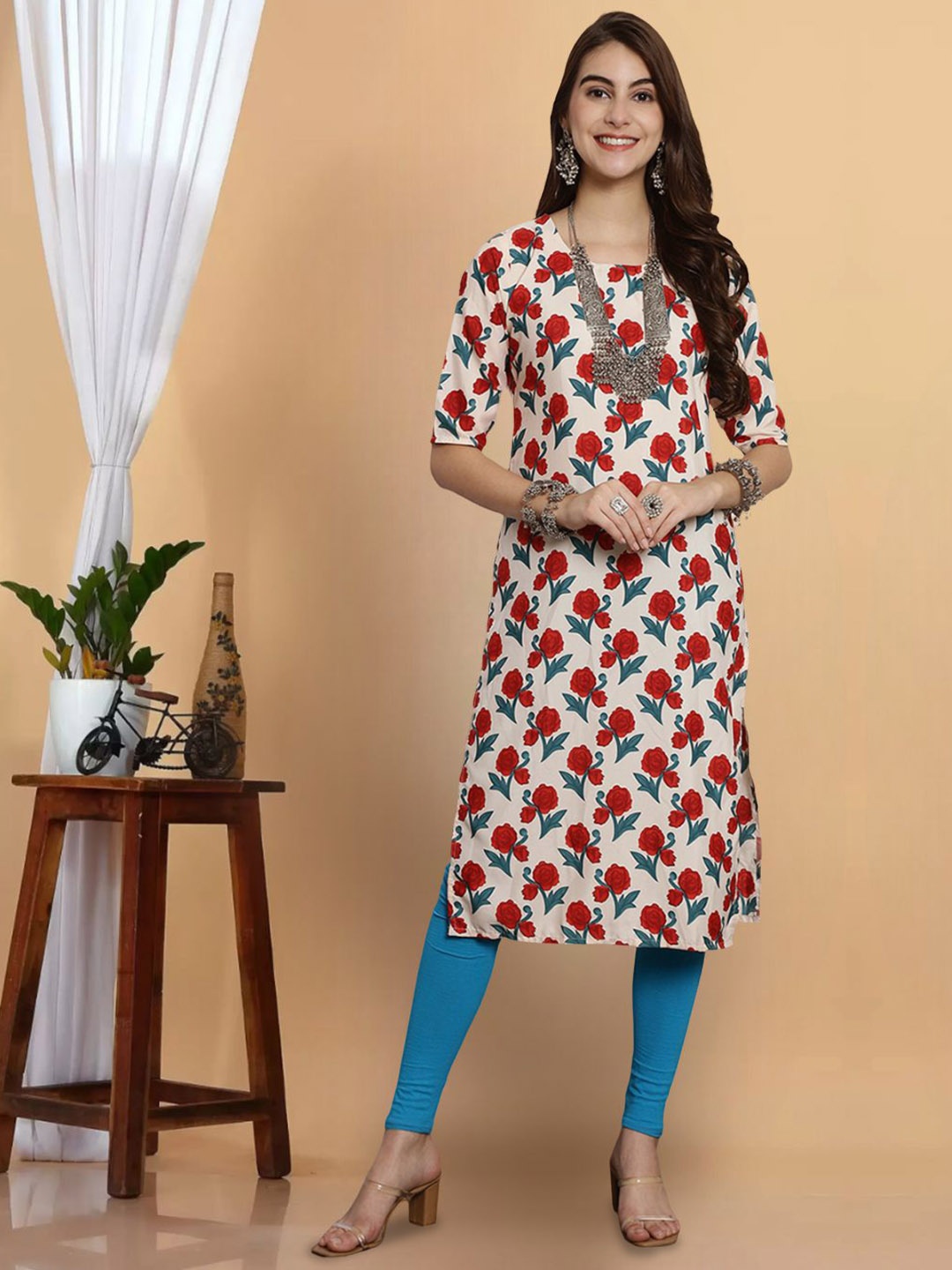 

7Threads Ethnic Motifs Printed Crepe Straight Kurta, White