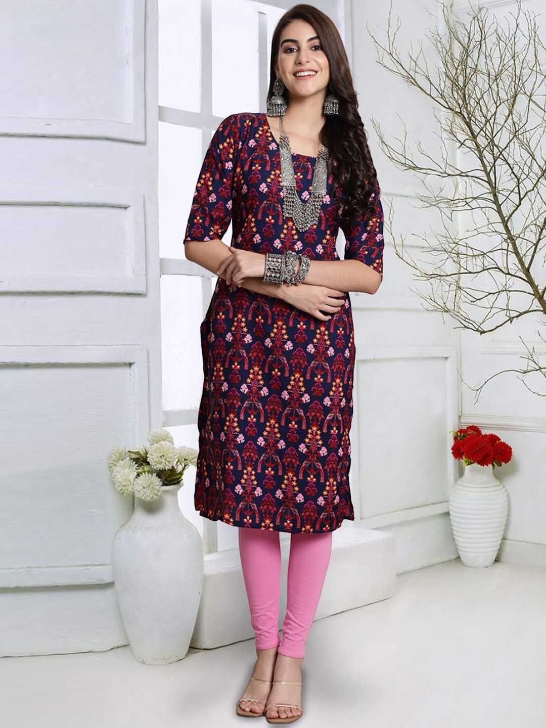 

7Threads Ethnic Motifs Printed Round Neck Regular Crepe Straight Kurta, Maroon