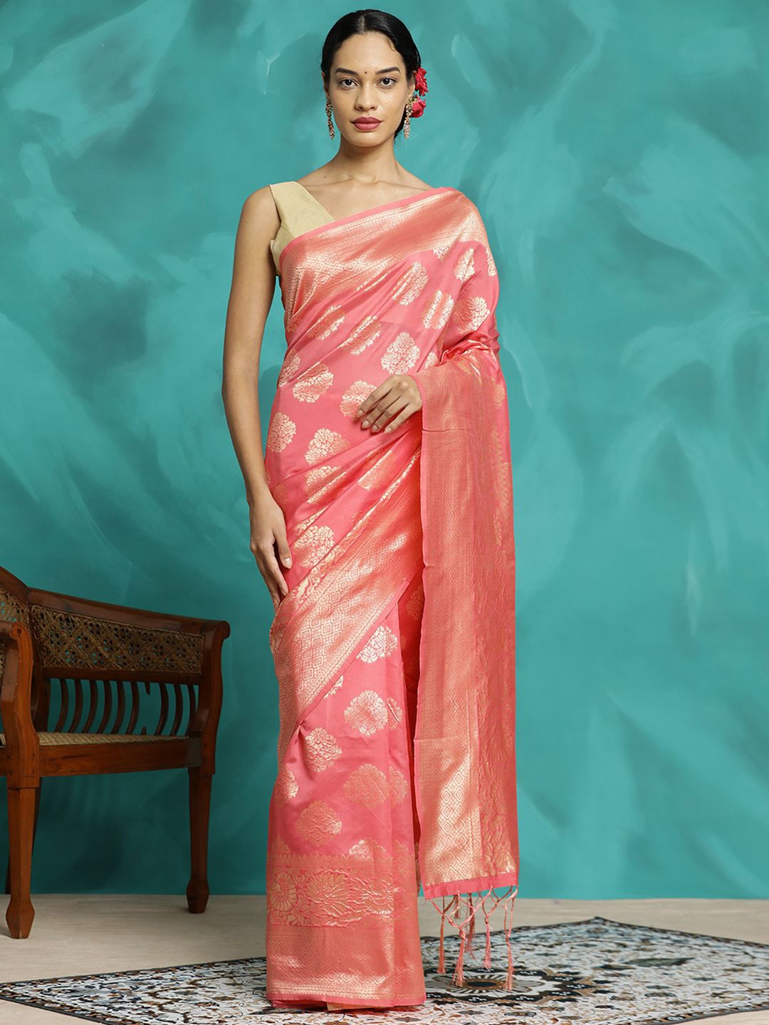 

Jaipur Kurti Zari Woven Design Banarasi Saree, Peach