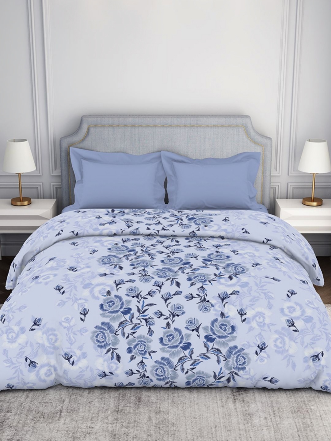 

SPACES White & Blue Floral Printed Pure Cotton Double Bed Comforter