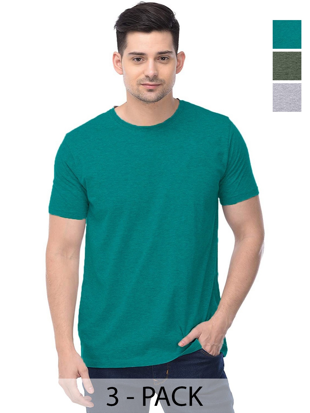 

COLOR CAPITAL Unisex Pack Of 3 Solid Round Neck Cotton T-shirts, Teal