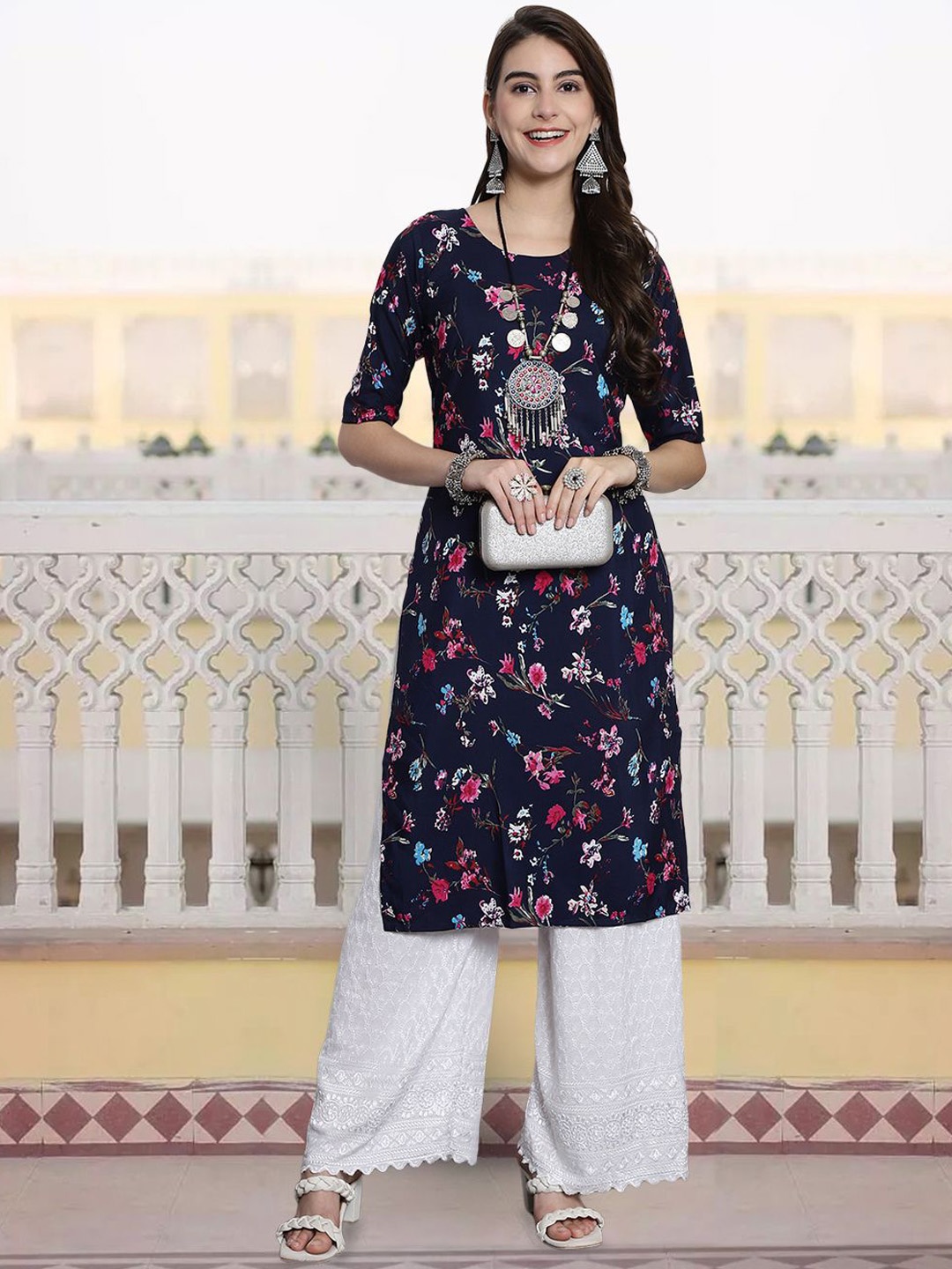

7Threads Floral Printed Round Neck Straight Kurta, Navy blue