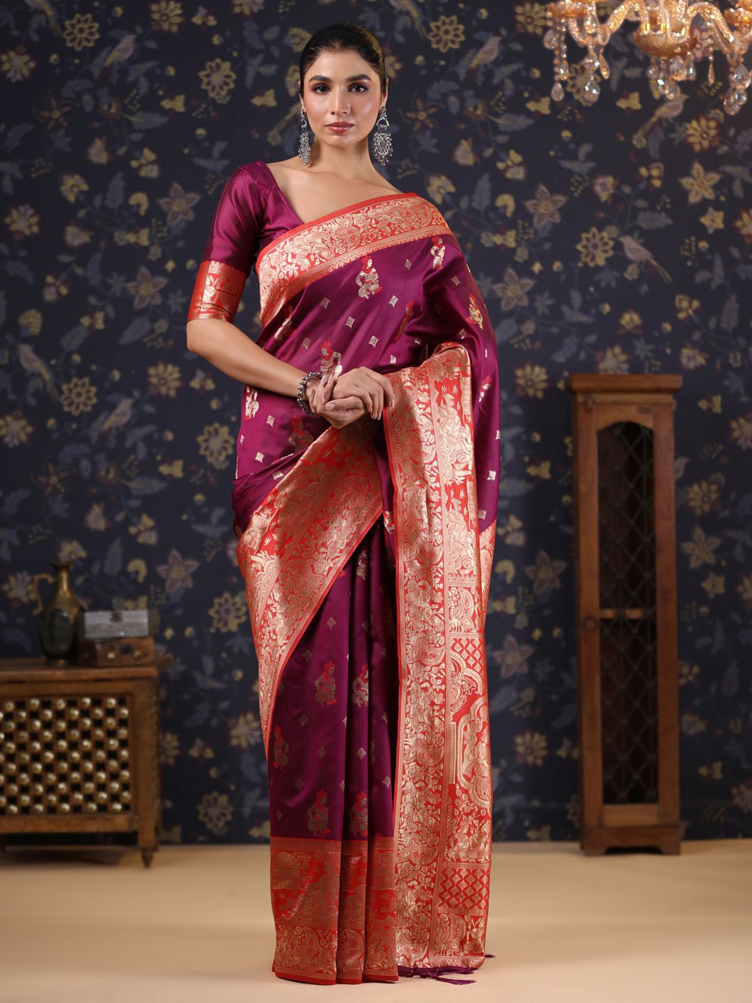 

House of Pataudi Woven Design Heavy Work Pure Silk Baluchari Saree, Burgundy