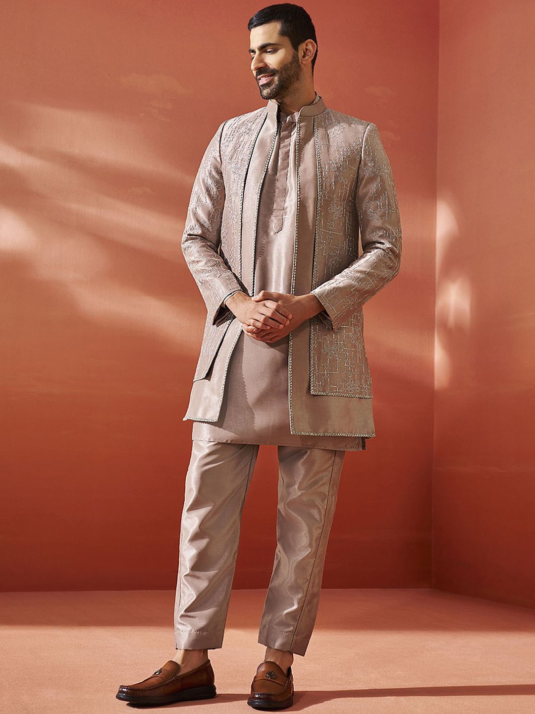 

VASTRAMAY Embroidered Silk Sherwani Set, Rose gold