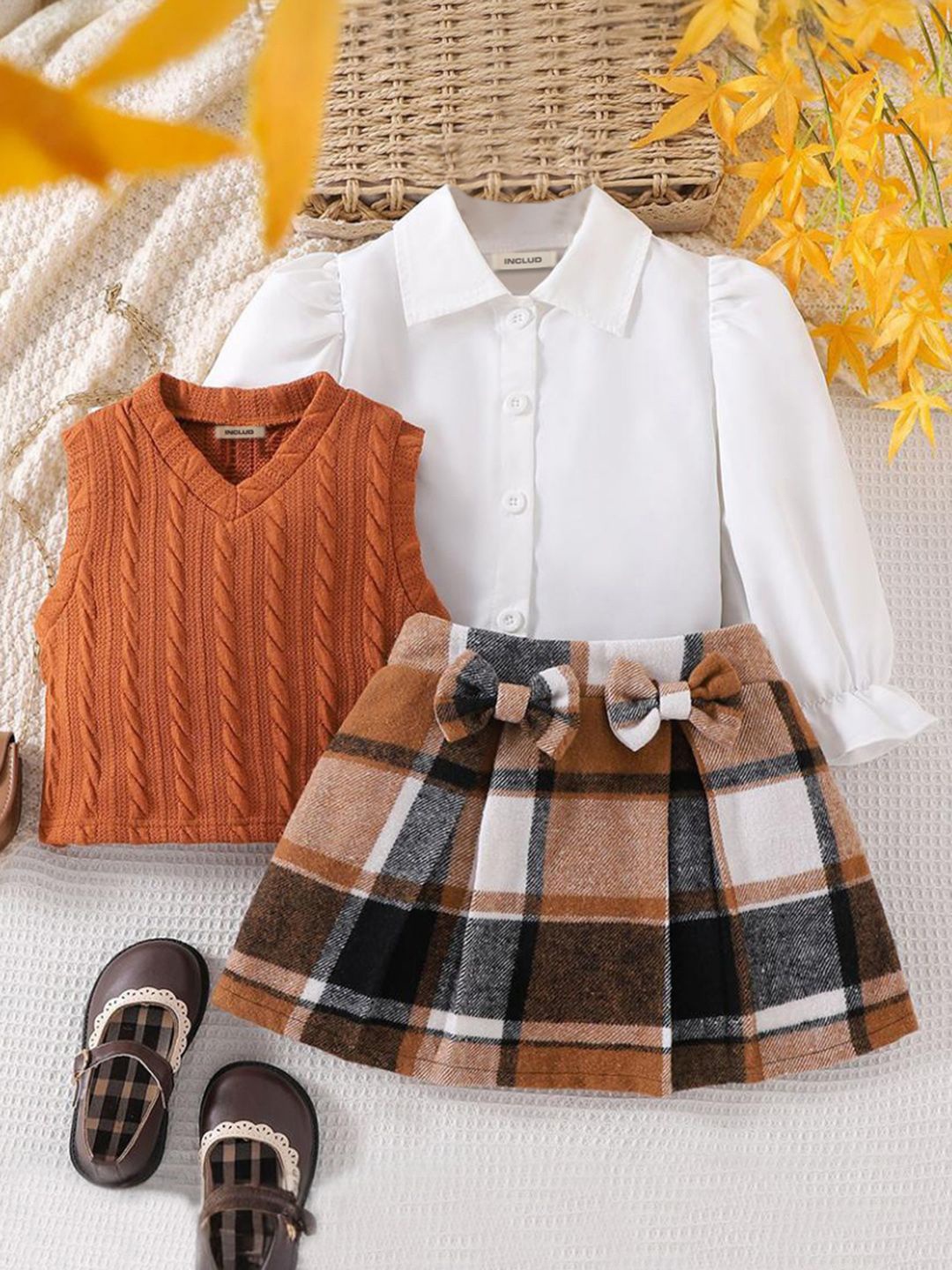 

INCLUD Girls Long Sleeves Shirt with Sweater & Skirt, White