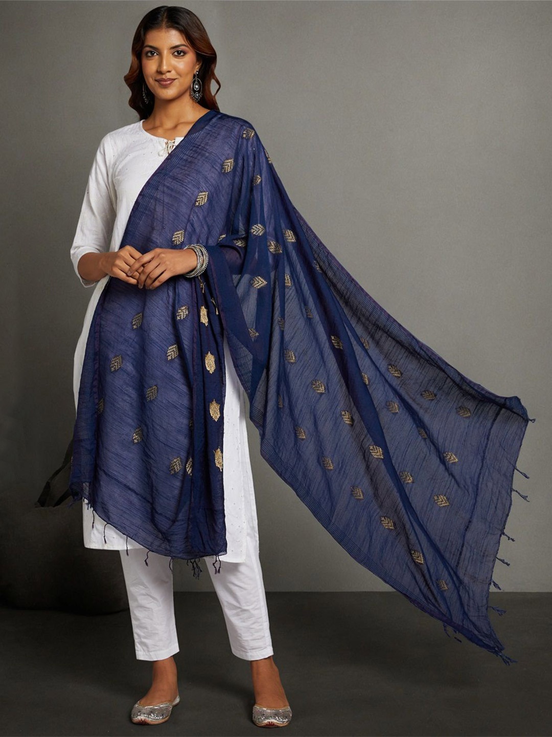 

ArtEastri Floral Woven Design Cotton Dupatta, Navy blue