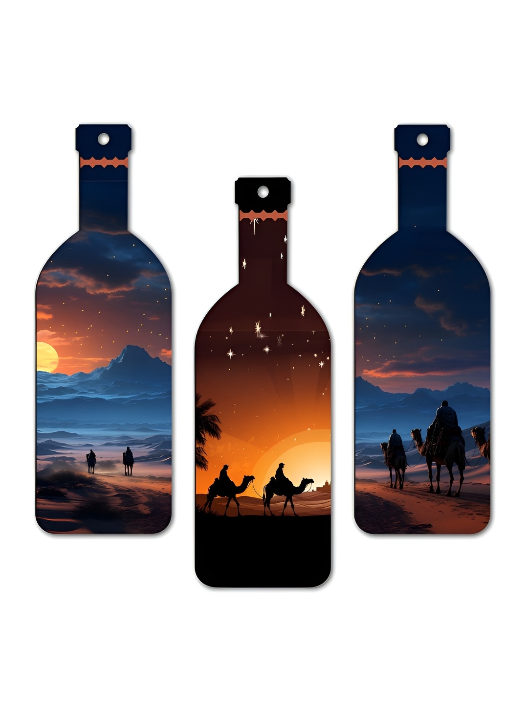 

CLAWCRAFTS Blue & Orange Coloured 3 Pieces Bottle Painting Wooden Wall Hanging