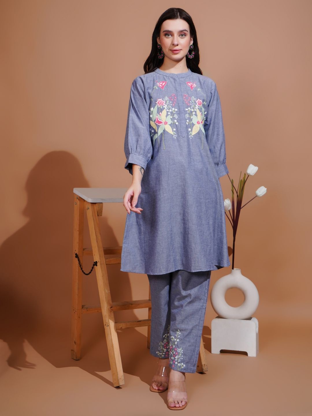 

Boholyfe Mandarin Collar Embroidered Pure Cotton Tunic With Trousers, Blue