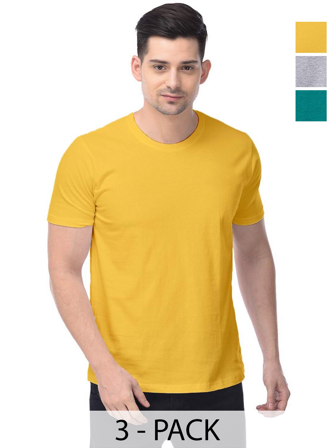 

COLOR CAPITAL Unisex Pack Of 3 Solid Round Neck Cotton T-shirts, Yellow