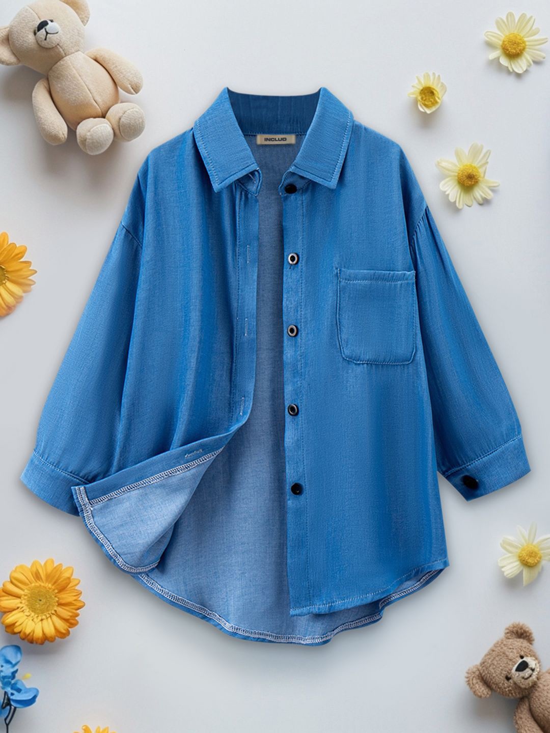 

INCLUD Girls Long Sleeves Top With Denim Shirts And Shorts, Blue