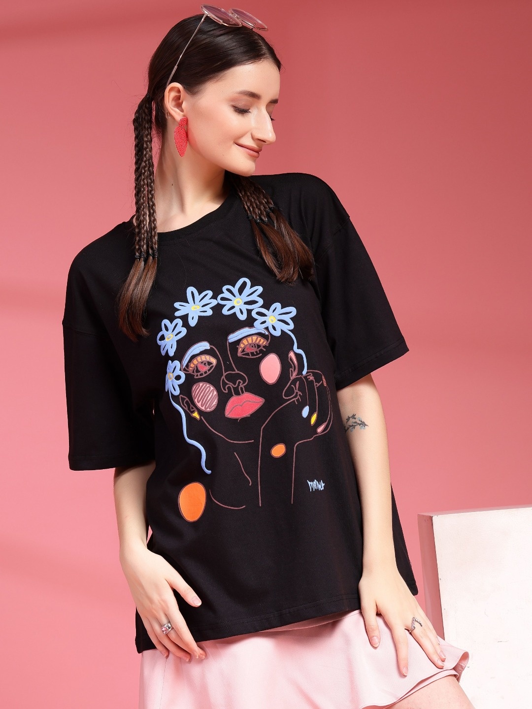 

Popster Women Graphic Printed Round Neck Pure Cotton Oversized T-shirt, Black