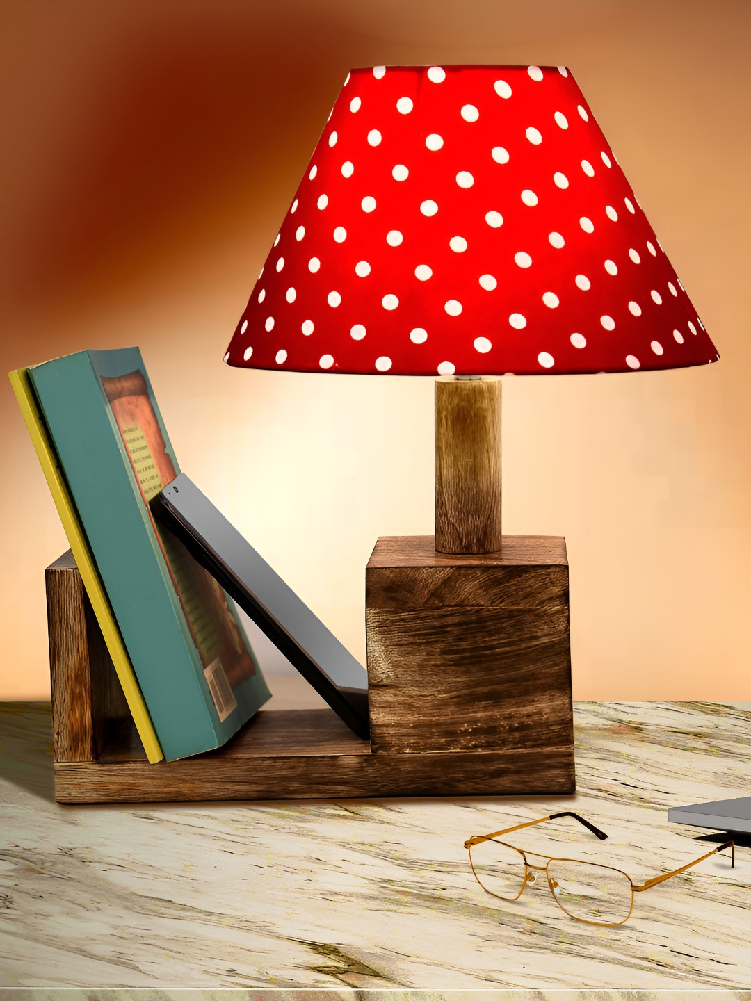 

Homesake Red Printed Wooden Contemporary Frusturical Shaped Table Lamp with Bulb